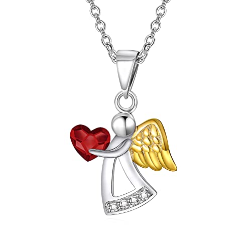 AOBOCO Schutzengel Kette Sterling Silber 925 Engel Anhänger Halskette mit Kristallen, Taufe Kommunion Geburtstagsgeschenke für Mädchen Kinder (Rot) von AOBOCO