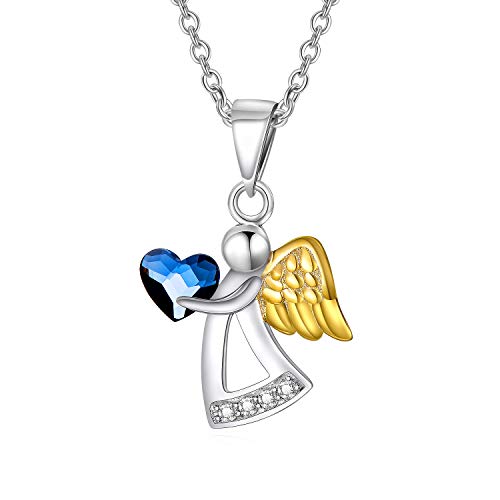 AOBOCO Schutzengel Kette Sterling Silber 925 Engel Anhänger Halskette mit Kristallen, Taufe Kommunion Geburtstagsgeschenke für Mädchen Kinder (Blau) von AOBOCO