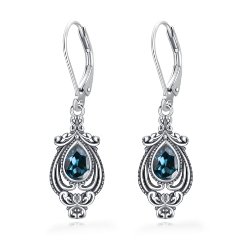 Vintage Tropfenohrringe 925 Sterling Silber London Blue Kristall Ohrringe Leverback Ohrschmuck Filigran Retro Schmuck Geburtstagsgeschenk für Damen von AOBOCO