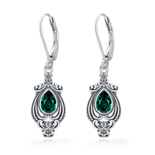 Vintage Tropfenohrringe 925 Sterling Silber Smaragdgrüner Kristall Ohrringe Leverback Ohrschmuck Filigran Retro Schmuck Geburtstagsgeschenk für Damen von AOBOCO