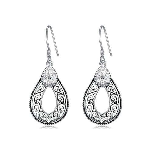 Weißer Kristall Ohrringe 925 Sterling Silber Filigran Vintage Retro Stil Tropfen Ohrhänger mit April Geburtsstein Schmuckgeschenke zum Jahrestag für Frauen von AOBOCO