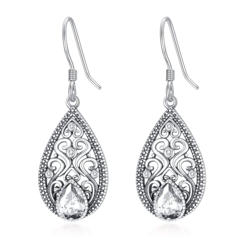 Weißer Kristall Ohrringe 925 Sterling Silber Vintage-Stil Oxidiert Filigran Tropfen Ohrringe Ohrhänger mit April Geburtsstein Schmuck Geschenke zum Jahrestag für Frauen von AOBOCO