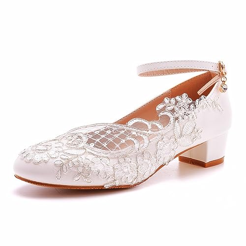 AOBOKA Hochzeitsschuhe für Damen, 3 cm elegante Brautsandalen mit rundem Kopf und Spitzenblumen, Hochzeitsfeier-Abendkleid, Bühnenaufführung, Alltags-Casual-Pumps, 39 EU,White von AOBOKA