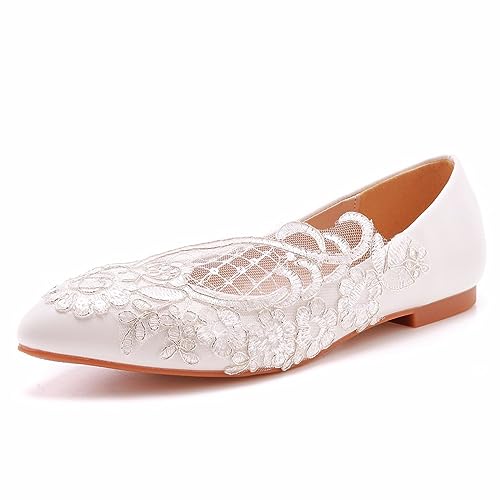 AOBOKA Hochzeitsschuhe für Damen, Einfache flache Brautsandalen mit Spitze und Blumenmuster, Hochzeitsfeier-Abendkleid, Bühnenaufführung, Alltags-Casual-Pumps, 39 EU,White von AOBOKA