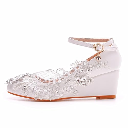 AOBOKA Hochzeitsschuhe für Damen, Temperament-Spitze-Blumen-Wedge-Brautsandalen, Hochzeitsfeier-Abendkleid, Bühnenaufführung, Alltags-Casual-Pumps, 39 EU,White von AOBOKA