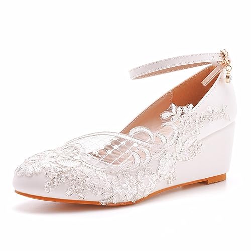 Hochzeitsschuhe für Damen, 5 cm runde Spitze Keilabsatz Blumen-Brautsandalen, Hochzeitsfeier-Abendkleid Bühnenaufführung Alltags-Casual-Pumps, 39 EU,White von AOBOKA