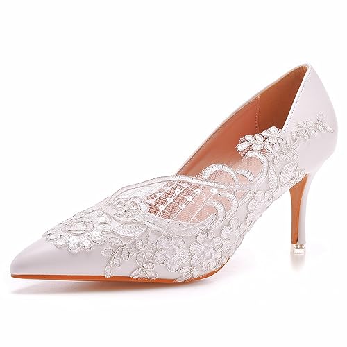 Hochzeitsschuhe für Damen, 7 cm Temperament Spitze Mesh Blumen Braut Sandalen, Hochzeitsfeier-Abendkleid, Bühnenaufführung, Alltags-Casual-Pumps, 38 EU,White von AOBOKA