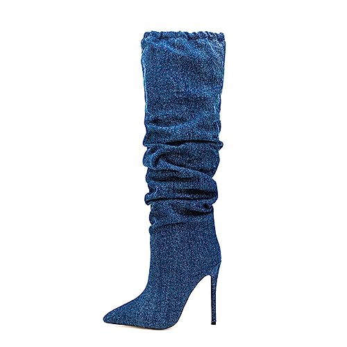 Kniestiefel für Damen, 12CM elegante Denim-Stiefel mit spitzer Zehenpartie und Stiletto-Absatz mit mittlerer Wade, Party Abendkleid Laufsteg Nachtclub Alltag Arbeit Freizeit Ritterstiefel, 43 EU,Blue von AOBOKA