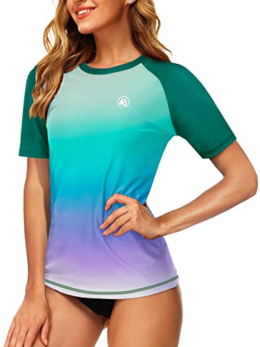 AOBUTE Damen Kurzarm Rash Guard Gradient Swim Shirt UPF 50+ Sun Shirt, Farbverlauf | Grün Lila, Large von AOBUTE