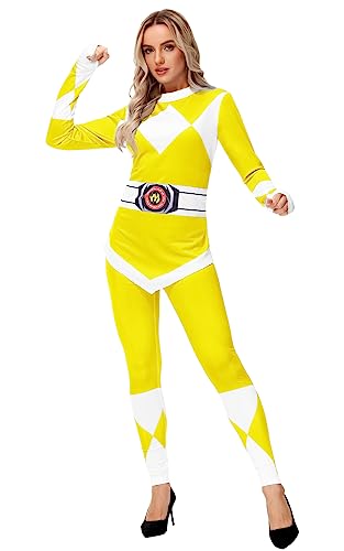 AOBUTE Damen Rangers Kostüm 2-teiliges Bekleidungsset Halloween Superhelden Cosplay Shirt und Leggings, gelb, XX-Large von AOBUTE