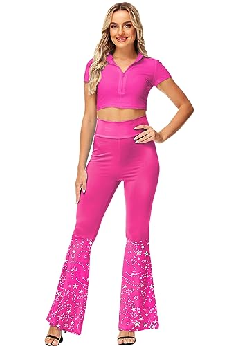 AOBUTE Frauen Hohe Taille Glocke Bottom Glänzende Flare Hosen Glitter 70er Jahre Hippie Kostüm, Barbie-Pink, M von AOBUTE