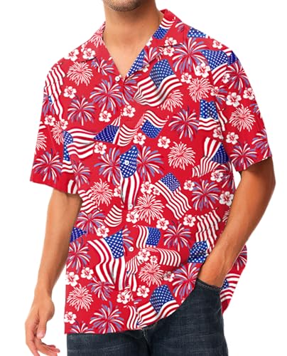 AOBUTE Herren St. Patrick's Day Shirt Button Down Hawaiian Tropical Beach Urlaub Tops, Flagge und Feuerwerk, XX-Large von AOBUTE