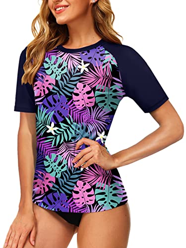AOBUTE Kurzärmeliger Rashguard für Damen, LSF 50+, tropischer Sonnenschutz, Blumenmuster, Marineblau, Blätter, 3X-Large AOBUTE Kurzärmeliger Rashguard für Damen, LSF 50+, tropischer Sonnenschutz, Blumenmuster, Marineblau, Blätter, 3X-Large von AOBUTE