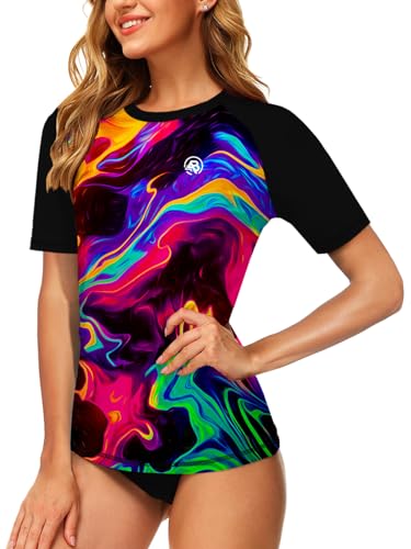AOBUTE Kurzärmeliges Rashguard-Badeshirt für Damen, Farbverlauf, Sonnenschutz, Wellen, bunt, Large AOBUTE Kurzärmeliges Rashguard-Badeshirt für Damen, Farbverlauf, Sonnenschutz, Wellen, bunt, Large von AOBUTE