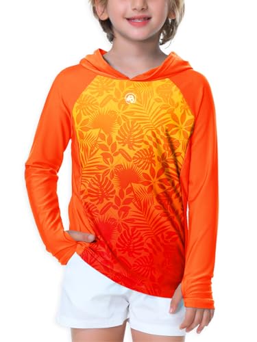 AOBUTE Unisex Kinder Langarm Hoodie Rash Guard Jungen UPF 50+ Badeoberteil mit Daumenloch 3-12 Jahre, Blatt Orange, 7-8 Jahre von AOBUTE
