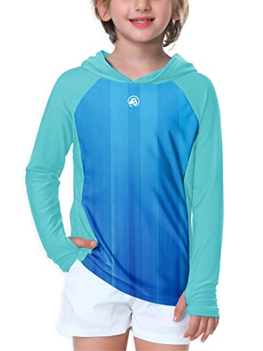 AOBUTE Unisex Kinder Langarm Hoodie Rash Guard Jungen UPF 50+ Badeoberteil mit Daumenloch 3-12 Jahre, Farbverlauf Aqua, 7-8 Jahre von AOBUTE