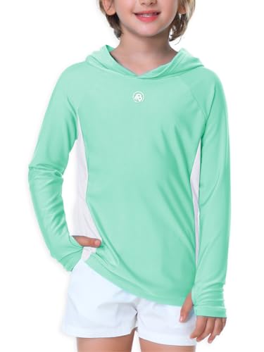 AOBUTE Unisex Kinder Langarm Hoodie Rash Guard Jungen UPF 50+ Badeoberteil mit Daumenloch 3-12 Jahre, Mint Weiß, 9-10 Jahre von AOBUTE