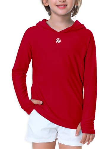 AOBUTE Unisex Kinder Langarm Hoodie Rash Guard Jungen UPF 50+ Badeoberteil mit Daumenloch 3-12 Jahre, Rot/Ausflug, einfarbig (Getaway Solids), 13-14 Jahre von AOBUTE