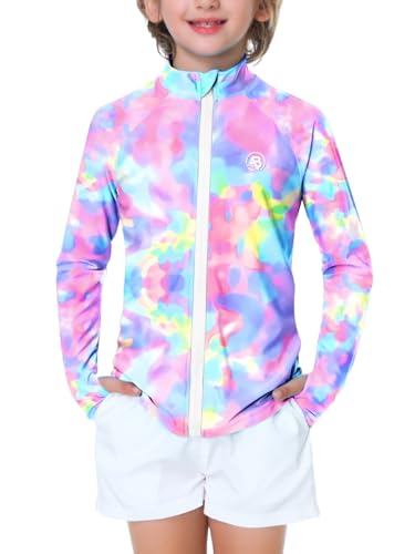 AOBUTE Unisex Kinder Rashguard mit Reißverschluss, LSF 50+, UV-Schutz, Sonnenshirt mit Daumenloch, 3–12 Jahre, Krawattenfarbe Violett, 9-10 Jahre von AOBUTE
