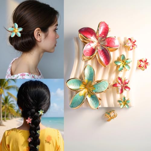 Hawaiianische Plumeria-Blumenkrallen-Clips für Frauen und Mädchen, 8 Stück, handbemalte Blumen-Metall-Haarspangen, starker Halt für dickes/dünnes Haar, 2 große + 2 mittelgroße + 4 kleine, Rosenrot + Hawaiianische Plumeria-Blumenkrallen-Clips für Frauen und Mädchen, 8 Stück, handbemalte Blumen-Metall-Haarspangen, starker Halt für dickes/dünnes Haar, 2 große + 2 mittelgroße + 4 kleine, Rosenrot + von AOCOROE