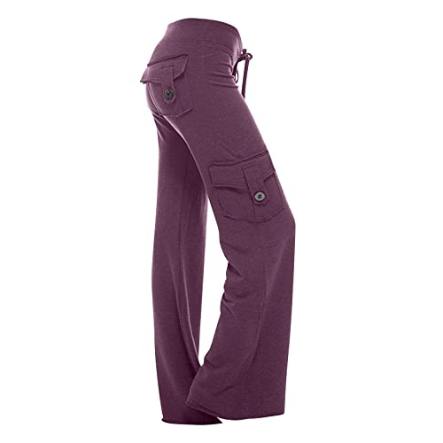 AOCRD Damen Yoga-Jogginghose mit hoher Taille, ausgestellter Kordelzug, Arbeitsoverall, Knopf, lässig, Laufen, Lounge, gerades Bein, elastische Hose, Y2K, einfarbig, Lange Hose von AOCRD