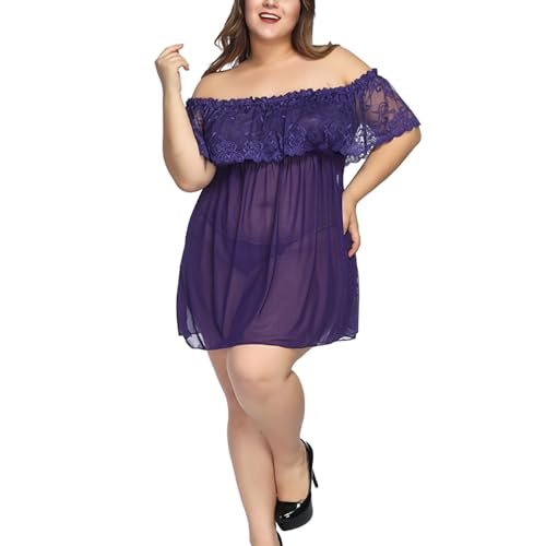 AOCRD Off-Shoulder-Pyjama für Damen in Übergröße, Damen-Sexy-Spitzen-Dessous-Nachtwäsche mit Rüschen, durchsichtiges Tüll-Unterhemd, freches Teddy-Babydoll von AOCRD