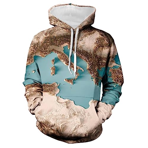 AOCRD Weltkarte Bedruckte Hoodies Unisex 3D-Grafik-Hoodies für Männer Realistischer Digitaldruck Pullover Hoodie Kapuzenpullover Lustige Tops Mäntel von AOCRD