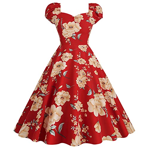 Kleidung im Stil der 1950er-Jahre für Damen, florales Vintage-Kleid für Damen, herzförmiger Ausschnitt, Flügelärmel, Swing-Cocktailpartykleid von AOCRD