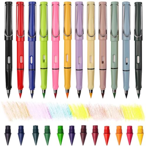 AOEVUIR 12 Pcs Bunte Ewige Bleistifte mit 12 Wechselköpfen Tintenloses Bleistiftset Magischer Unendlicher Bleistift für Erwachsene von AOEVUIR