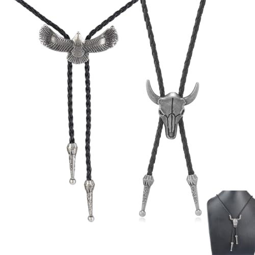 AOEVUIR 2 Pcs Bolo-Krawatte Leder Western Cowboy Krawatte mit Kuh Schädel Adler Rodeo Anhänger Halskette Lariat für Damen und Herren Schwarz von AOEVUIR