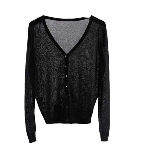 AOFCESQY Strickjacken für Damen Damen Kurzer Cardigan Lässig Elegant Oberbekleidung Knopf V Ausschnitt Pullover Leicht Einfarbig Pullover für Frühling Sommer Herbst Mantel Jacke Bolero Schw von AOFCESQY