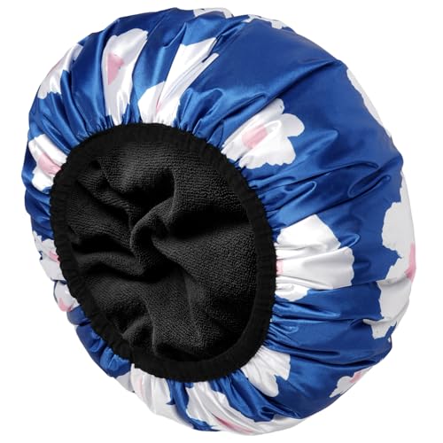 AOGOE Duschhaube Damen, Wiederverwendbare 3-lagige Duschhaube, 2-in-1 Extra-große Saugstark Turban & wasserdichte Shower cap, Verstellbare Damen-Duschhauben für Mädchen Damen（Blau） von AOGOE