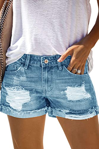 AOISAGULA Damen Denim Shorts Retro-Stil Hot Pants Loch Kurze Jeans mit Taschen für Sommer Blau S von AOISAGULA