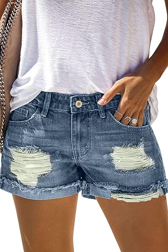 AOISAGULA Damen Denim Shorts Retro-Stil Hot Pants Loch Kurze Jeans mit Taschen für Sommer Dunkelblau L von AOISAGULA