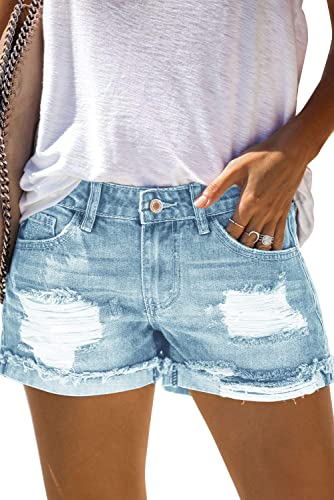 AOISAGULA Damen Denim Shorts Retro-Stil Hot Pants Loch Kurze Jeans mit Taschen für Sommer Himmelblau L von AOISAGULA