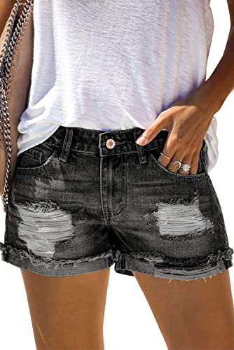 AOISAGULA Damen Denim Shorts Retro-Stil Hot Pants Loch Kurze Jeans mit Taschen für Sommer Schwarz S von AOISAGULA