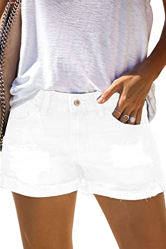 AOISAGULA Damen Denim Shorts Retro-Stil Hot Pants Loch Kurze Jeans mit Taschen für Sommer Weiß L von AOISAGULA