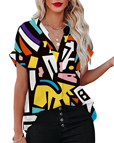 AOISAGULA Damen Sommer Bluse V-Ausschnitt Kurzarm Shirt Casual Oberteile Lose Fit Tops Tunika für Frauen Mehrfarbiger Block M AOISAGULA Damen Sommer Bluse V-Ausschnitt Kurzarm Shirt Casual Oberteile Lose Fit Tops Tunika für Frauen Mehrfarbiger Block M von AOISAGULA
