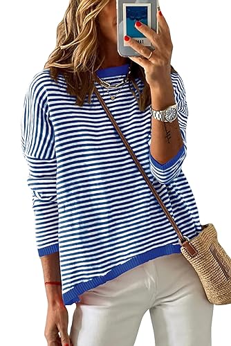 AOISAGULA Damen Streifen Pullover Sweater Langarm Strickpullover Rundhals Oberteil Tops Elegant Herbst Winter Sweatshirt Blau gestreift M von AOISAGULA