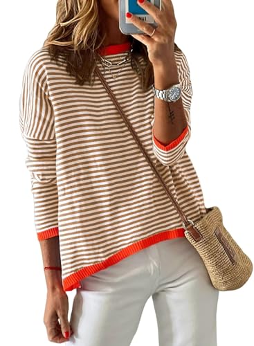 AOISAGULA Damen Streifen Pullover Sweater Langarm Strickpullover Rundhals Oberteil Tops Elegant Herbst Winter Sweatshirt Braun gestreift XXL von AOISAGULA