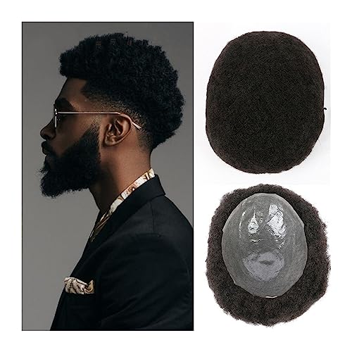 Echthaar Toupet für Männer Afro Toupee for Men Full Thin Skin PU Base Hair Pieces Human Hair Wigs 8x10 Inches Male Hair Prosthesis 6mm Kinky Curly Hair System Replacement Perücke Männer (Size : 6 inc von AOKLEY