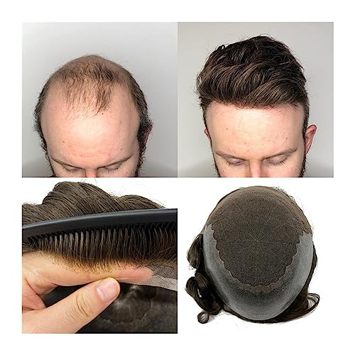 Echthaar Toupet für Männer Indisches Remy-Haarersatzsystem, Herren-Haarteile, französische Spitze mit PU-Haut, Herren-Toupet, 20,3 x 25,4 cm, langlebige männliche Haarprothese, dunkelbraune Farbe Perü von AOKLEY