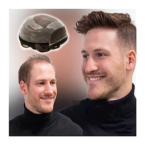 Echthaar Toupet für Männer Strapazierfähige Herren-Haarprothese, Remy-Echthaarsystem, 25,4 x 20,3 cm, weiche Mono-Spitze und PU-Basis, Herren-Toupet, atmungsaktive, leicht gewellte Haarteile Perücke M von AOKLEY