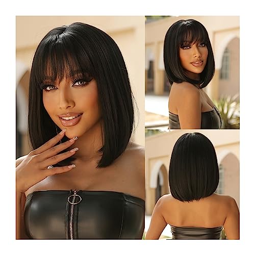 Flexible Perücke Täglich Cosplay Party Perücken Hitzebeständige Bob Kurze Gerade Synthetische Perücken mit Pony Schwarze Haarperücken für Frauen Weiche Perücke (Farbe: LC2049-1) von AOKLEY