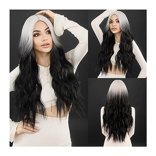 Perücke Natürliche Haar Ombre-Perücke, schwarz, weiß, gewelltes Haar, for Damen, Cosplay, Alltag, Party, synthetischer natürlicher Mittelteil, lockige Perücke, Lolita, hitzebeständig Haarperücken für von AOKLEY