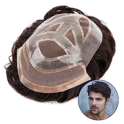 Toupet für Männer Men Hair Units Herren-Toupet, indisches Echthaar, Perücke, Mono und Pu, mit Spitzenfront, Haar-Toupet, 15,2 cm, atmungsaktives Haarersatzsystem #1B, Herren-Haarteil Perücke für Männe von AOKLEY