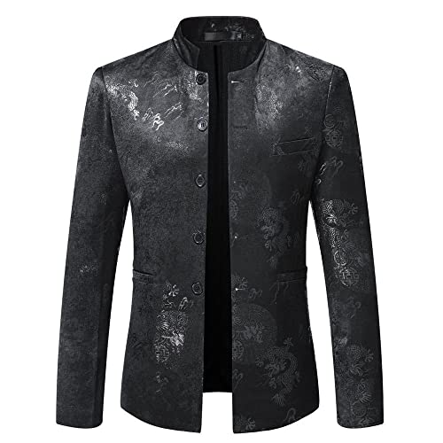 Anzüge Herren Slim Fit Chinesischer Stil Jacquard Stehkragen Jacke Herren Einreihig Casual Blazer Herren Tasche Dekoration Langarm Mode Anzug Jacke Herren C-Black 3XL von AOKODA