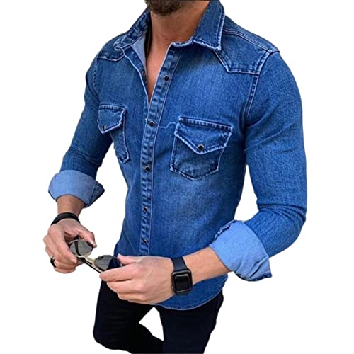 Denim Shirt Herren Slim Fit Basic Classic All-Match Herren Freizeithemd Frühling Und Mode Herrenhemd Einfache Herrenhemd Jacke C-Blue XL von AOKODA