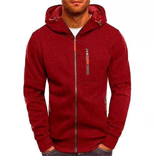 Sweatshirt Herren Einfarbig Zip Dekoration Langarm Sport Jacke Herren Mode Fitness Kapuze Jacke Herren Urban Einfachheit Casual Jacke Herren C-Red XL von AOKODA