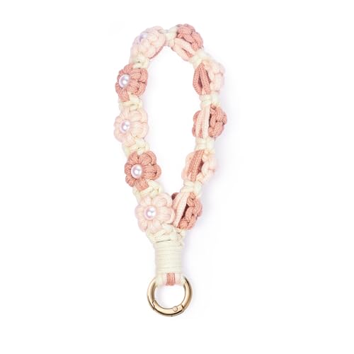 AOKSUNOVA Boho Schlüsselanhänger Makramee Band Kurz Schlüsselband Blumen Blume Damen Mädchen Rosa + Weiß + Altrosa von AOKSUNOVA